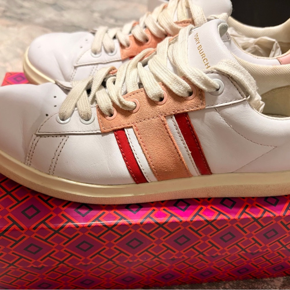 Tory Burch White and Coral Sneakers